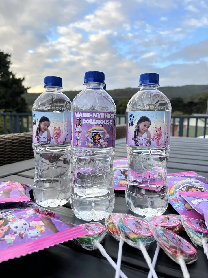 Personalised water bottle labels created by Essence of Raz.